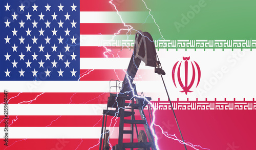 Pumpjacks operate with USA and Iran flags and stock chart overlay, illustrating petroleum price dynamics and global economic tensions.oil pump and flag