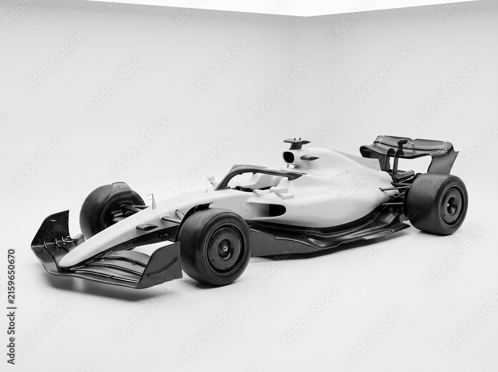 Fototapeta premium modern sports formula 1 race car with carbon fiber elements and aerodynamic body kit close up studio 3d rendering on isolated white background