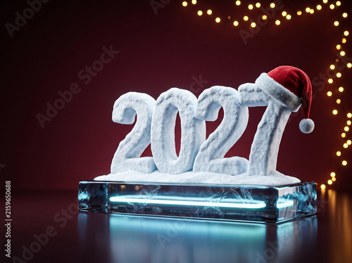 new year 2027 volume snowy ice numbers 2027 with red santa hat on illuminated ice crystal pedestal with bokeh lights on dark red background winter style
