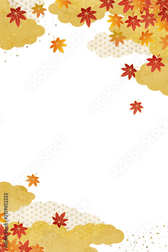 Japanese autumn maple leaf frame with golden clouds and traditional patterns on transparent background