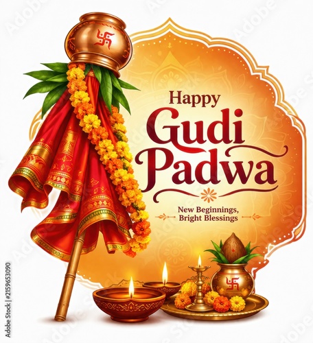 Happy gudi padwa greeting card with traditional flag and oil lamps