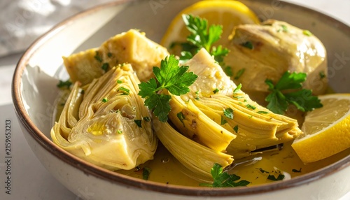 Roasted Artichokes with Lemon and Herbs in Bowl.
