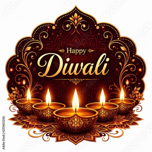 Happy diwali greeting card design with glowing oil lamps and flowers