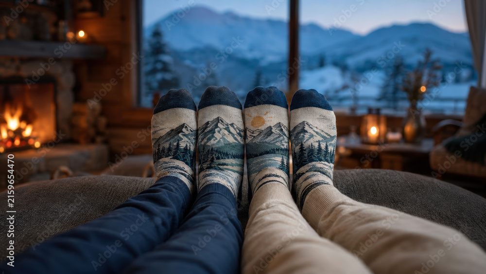 Naklejka premium A couple wearing matching wool socks that form a mountain landscape