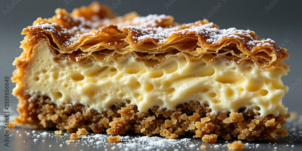 Fototapeta premium Slice of layered dessert showing flaky pastry crisp golden top creamy filling and crumbly biscuit base dusted with powdered sugar. Rich pastry texture creates a sweet temptation for food lovers.