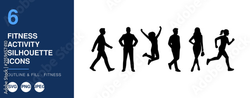 Fitness Activity Icons, Silhouette Set, Outline and Fill Design, Sport and Exercise Concept, Vector Illustration.