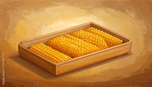 Fresh Corn in Wooden Tray on Rustic Background.