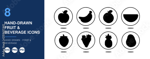 Fruit and Beverage Icons Set, Hand-Drawn Style Illustration. Food and Drink Symbols, Vector Design Elements for Menus