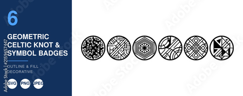 Geometric Celtic Knot Symbols, Badges, and Nameplates, Vector Design Elements, Decorative Icons, Graphic Illustration.