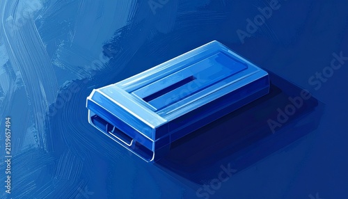 Modern blue external hard drive on dark surface.
