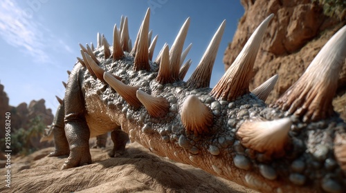 Ancient Spiked Dinosaur on Rocky Terrain: A close-up, low-angle view of a prehistoric creature, resembling a spiked dinosaur, with a long, segmented body covered in sharp, bone-like protrusions.