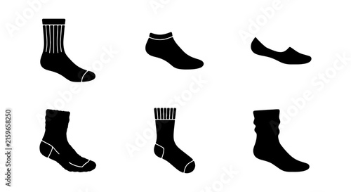 Black sock icons set, flat footwear silhouettes, cotton socks vector illustrations