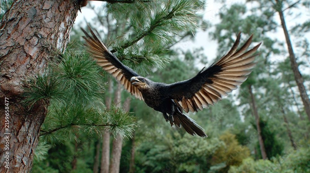 Naklejka premium Raven in Flight: A raven with outstretched wings soars through a forest canopy, its dark plumage stark against the green pines and dappled sunlight. The scene evokes a sense of freedom and wildness.