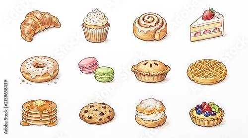 Hand drawn assorted bakery items collection featuring delicious sweet pastries and desserts on white background with illustrations with displays collection