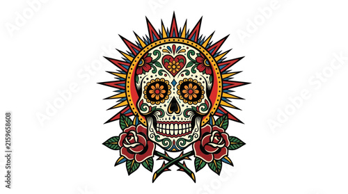 Ornate Sugar Skull with Roses and Sunburst
