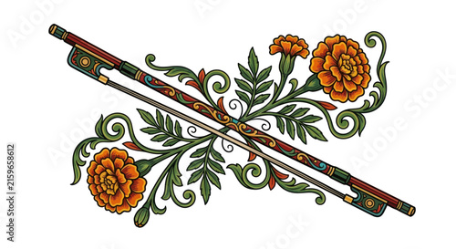 Ornate Violin Bow and Marigolds with Foliage