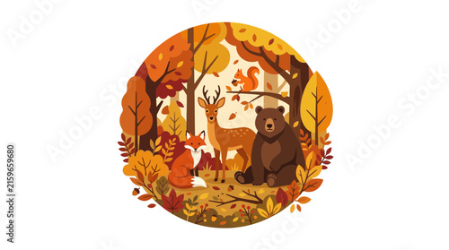 Autumn Forest Animals Illustration with Fox Deer Bear and Squirrel