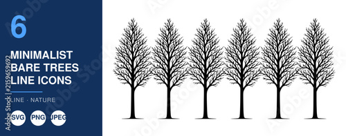 Minimalist Bare Trees Line Icons, Nature Illustration, Simple Graphic Design, Vector Icon Set, Line Art Nature Elements.