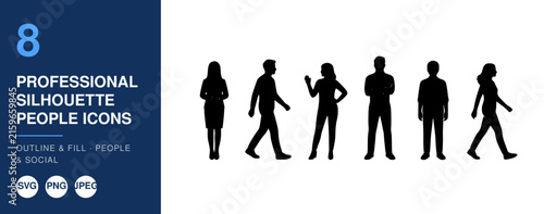 Professional People Icons, Silhouette Figures, Business Team Concept. Outline and Fill Design