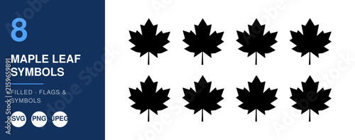 Maple Leaf Symbols Set, Filled Design Elements. Vector Icons for Branding, Labels, and Decorative Graphics