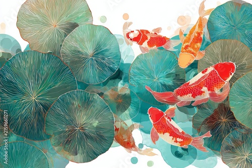 Abstract japanese style background with koi fish in watercolor texture and oriental pattern design