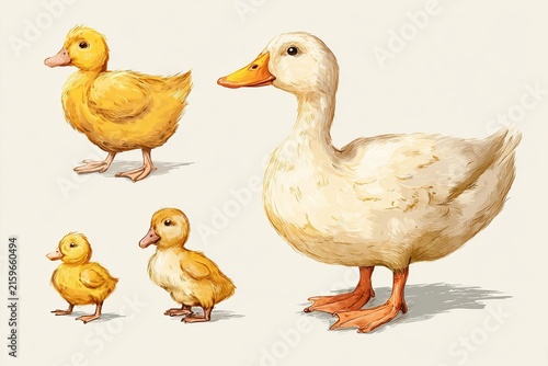 Charming cartoon collection of hand drawn ducks and ducklings on a vibrant farm scene