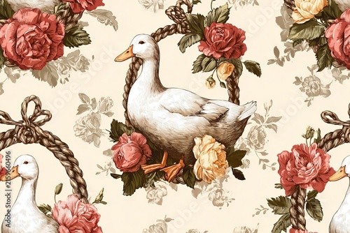 Seamless vintage pattern with white ducks and floral bouquets in rope frames on cream background