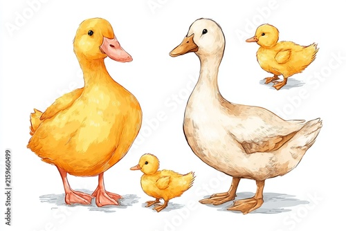 Adorable cartoon farm birds  vector illustrations of a duck family with duckling characters