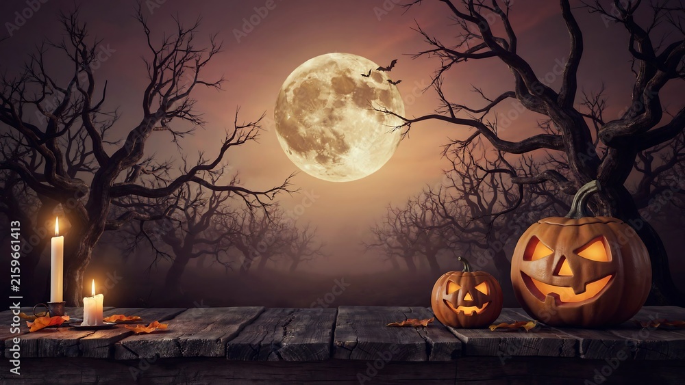 Fototapeta premium Halloween night scene with glowing jack o lanterns, full moon, candles and spooky trees