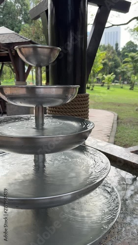 Malaysia, Kuala Lumpur 17.08.2026 - A walk in the park, fountains, water flowing against a backdrop of nature, capital of Asian flora and fauna, a beautiful artificial waterfall, cityscape