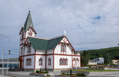 Canvastavla Husavikurkirkja Wooden Church in Husavik Iceland