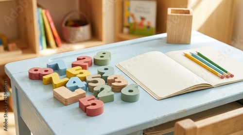 Colorful wooden numbers on a light blue table with an open notebook and colored pencils set