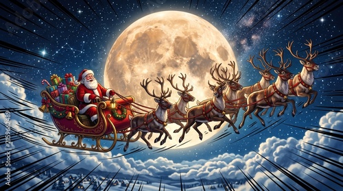 Santa Claus Flying with Reindeer Sleigh Under Full Moon at Night