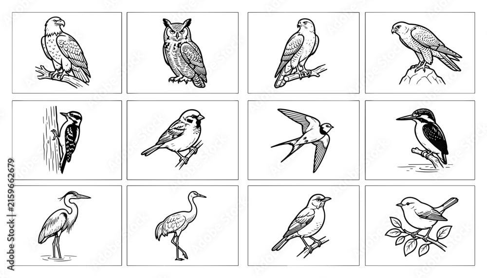 Fototapeta premium Set of Vintage Bird Illustrations in Black and White Line Art