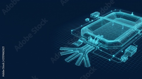 Futuristic digital hologram blueprint of sports stadium arena with glowing cyan wireframe particles and light effects hologram blueprint wireframe futuristic