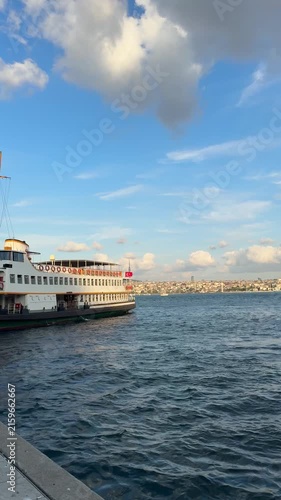 Blue Istanbul Bosphorus, gentle waves, passenger boat approaching the pier, cinematic final scene, peaceful sunset atmosphere
