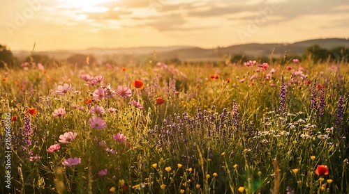 Vibrant wildflower meadow blooming under golden hour sunlight across rolling hills in late summer afternoon with filled colorful wildflowers