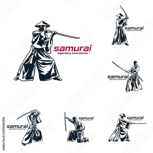 Set of Japanese Samurai Legendary Swordsman Vector Logo Illustration. Ideal for logo martial arts academies, kendo clubs, gaming team emblems, apparel prints, stickers, and esports logos.