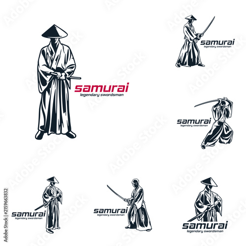 Set of Japanese Samurai Legendary Swordsman Vector Logo Illustration. Ideal for logo martial arts academies, kendo clubs, gaming team emblems, apparel prints, stickers, and esports logos.