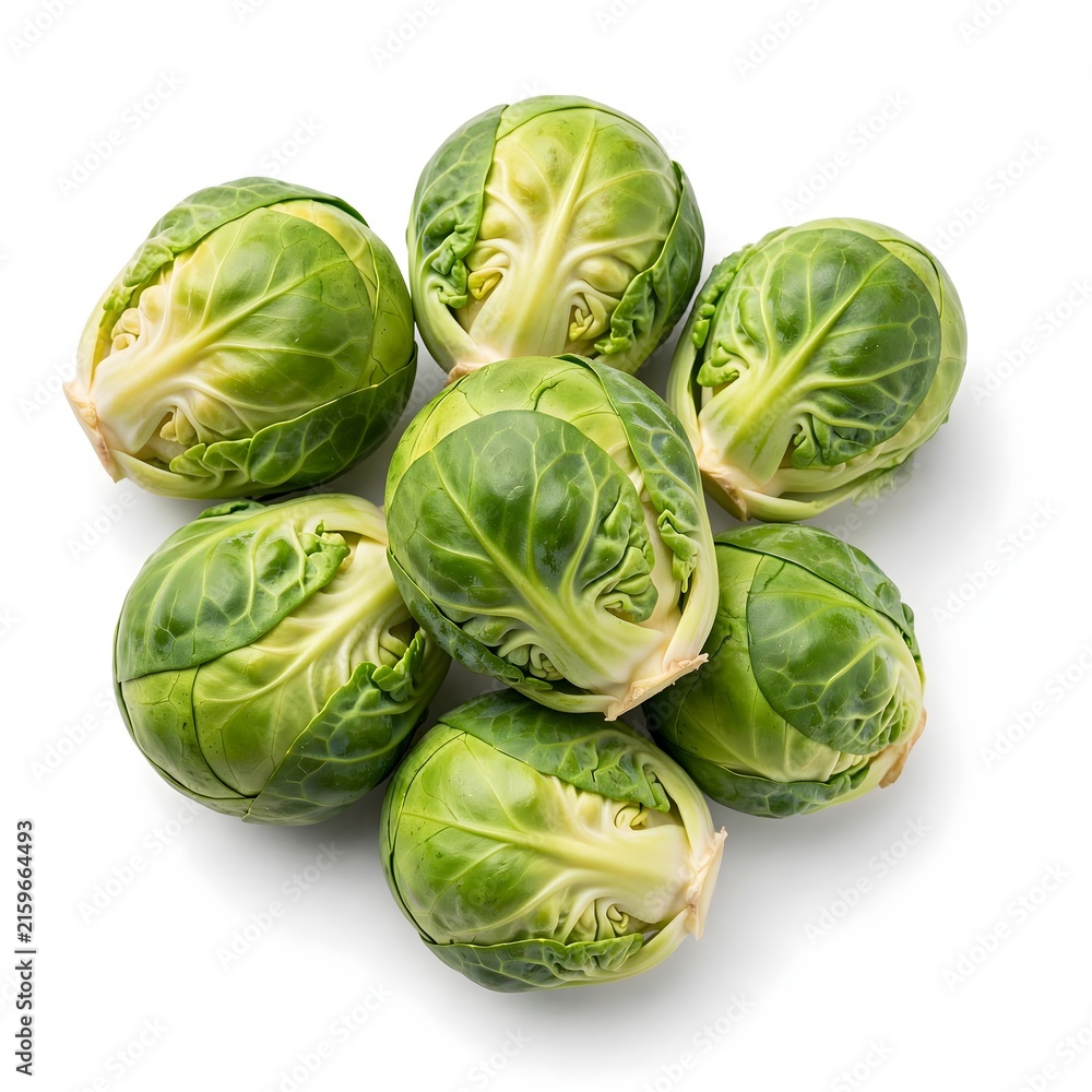 Fototapeta premium Fresh green Brussels sprouts, neatly clustered on a white background. Overhead view highlights their crisp texture and wholesome appeal for healthy culinary use