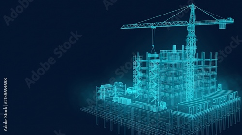Digital construction site crane wireframe hologram blueprint graphic with construction wireframe hologram blueprint technology illustration futuristic building