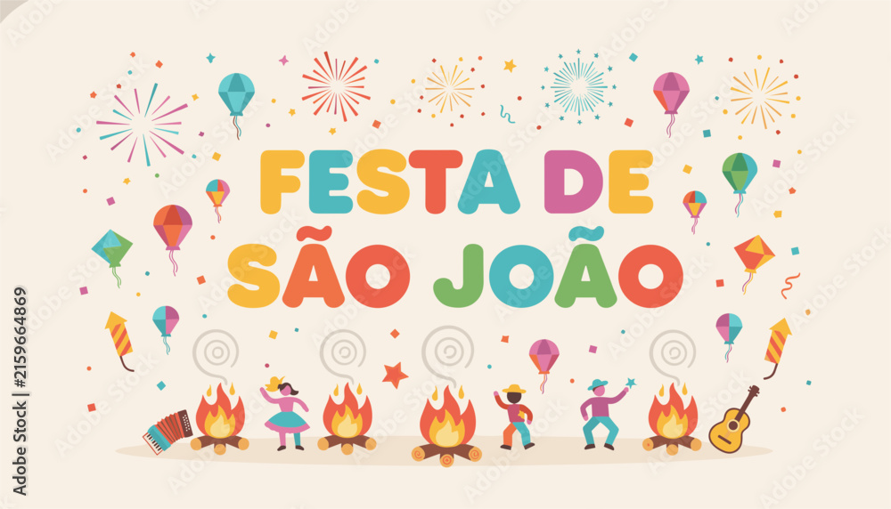 Fototapeta premium Festa de Sao Joao traditional Brazilian festival celebration with colorful fireworks, balloons, dancers, and bonfires.