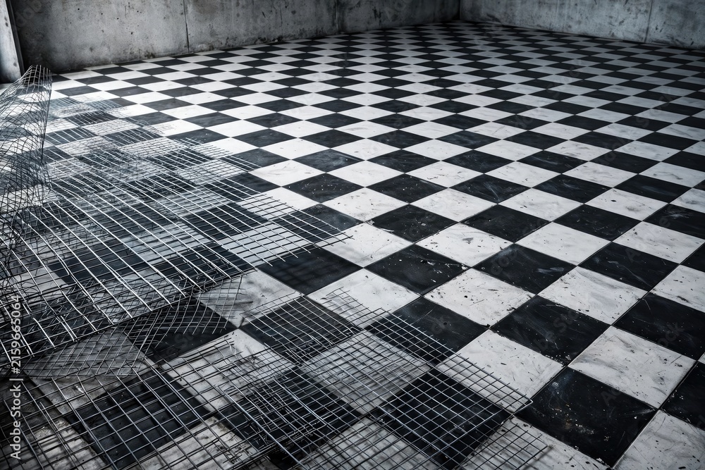 Naklejka premium Black and White Checkerboard Tile Floor Pattern Background