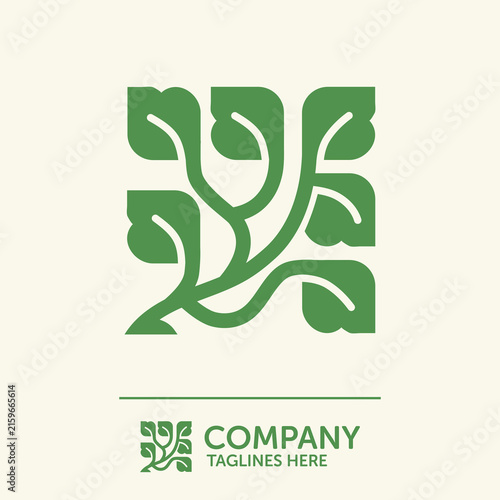 Green Square Emblem with Intertwining Branches and Leaves in Modern Nature Design