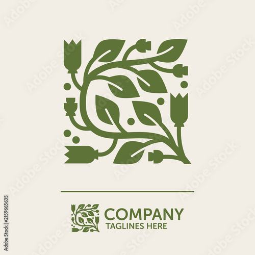 Green Square Emblem with Intertwining Branches and Leaves in Modern Nature Design