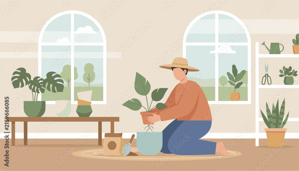 Fototapeta premium Gardener kneeling on a rug repots a green houseplant with care in a bright room filled with beautiful potted plants.