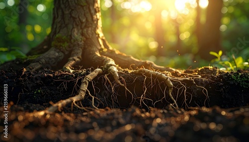 Close up of tree roots in forest soil at sunset.
