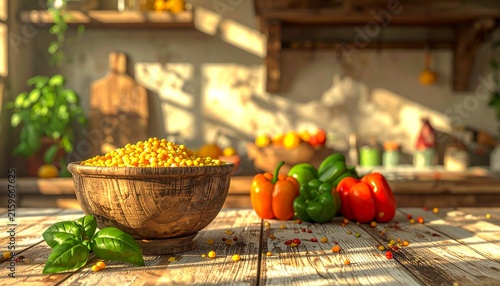 Wooden bowl of pasta on rustic kitchen table with fresh vegetables.