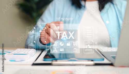 Tax planning and financial management concept showing a business person reviewing tax documents, digital financial data, accounting reports, and savings information