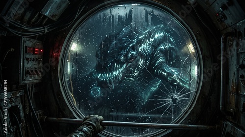 Photorealistic terrifying deep sea monster with sharp teeth and glowing eyes attacking submarine porthole window, cracked glass, dark ocean with bubbles and particles, interior of futuristic submarine
